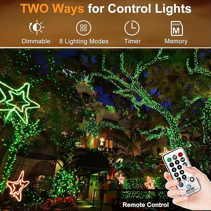 KNONEW 403FT 1000 LED Christmas String Lights Outdoor Green Wire Fairy Light 8 Modes & Timer Plug in Waterproof LED String Lights for Xmas Yard Tree Wedding Party Holiday Decorations(Green)