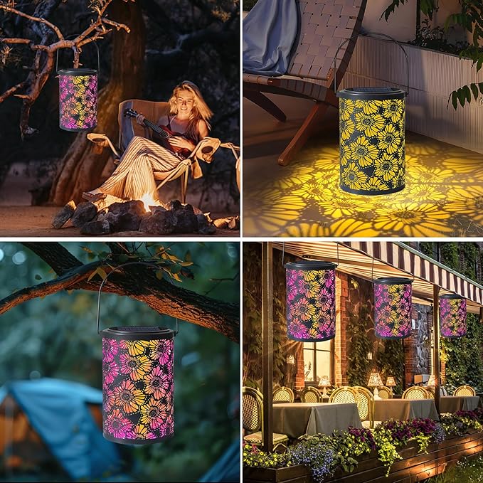 Solar-Powered Iron Art Lantern - Two Lighting Modes Waterproof Hanging Ambiance Lighting for Gardens & Patios, Perfect as Decorative Gift Housewarming Gift Mom Gifts (Flower)