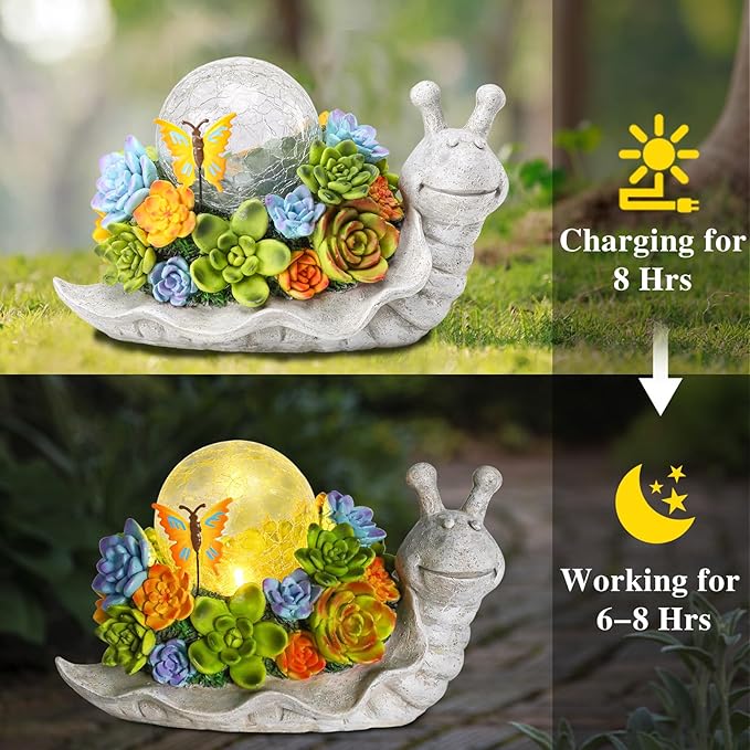 Afirst Solar Garden Snail Statues with Succulent Outdoor Resin Figurine Solar Lights Statue Decorations for Lawn, Patio, Balcony, Yard Ornament