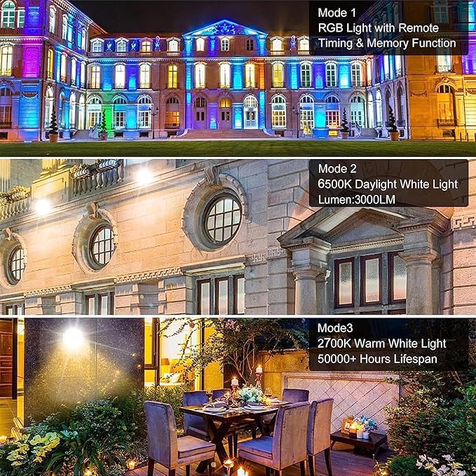 CLY Solar LED Flood Light Outdoor RGBCW Color Changing Floodlight with RF Remote, RGB 2700K 6500K Dimmable,16.4ft Cable IP66 Waterproof Solar Powered Security Light for Garden Tree Christmas Party