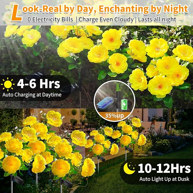 Neporal Solar Flowers Outdoor Waterproof, 4PK 7-Stem Yellow Camellia with 2 Lighting Modes & Romantic Warm Light, Solar Lights Outdoor Decorative for Garden, Yard, Pathway, Gardening Gifts for Women