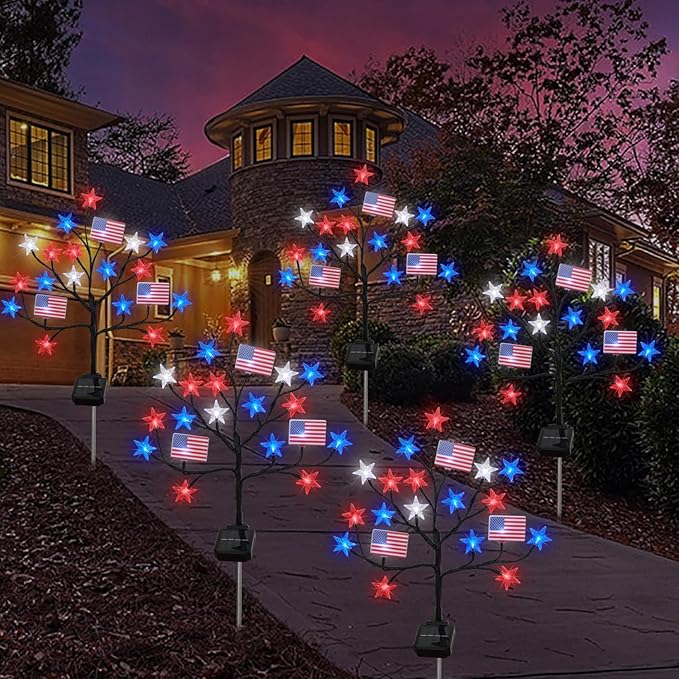 Upgraded 4th of July Decorations Solar Lights, 2 Packs 40LED Red White and Blue 4th of July Stake Lights, Outdoor Waterproof Memorial Day Decorations Patriotic Lights for Garden Yard Pathway Grave