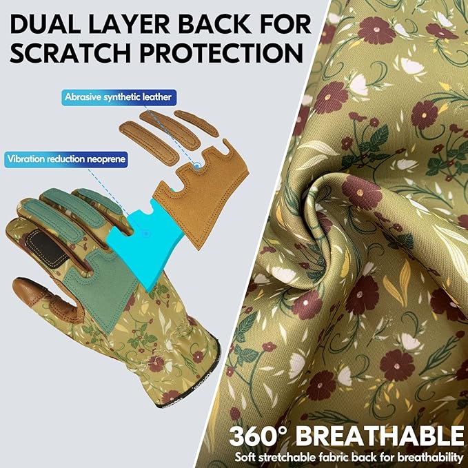 Vgo... 1Pair Gardening Gloves for Women, Goatskin leather Thorn Proof Working Gloves for Weeding, Digging, Raking, Pruning and Planting,Touchscreen (L,Light Green,GA7471)
