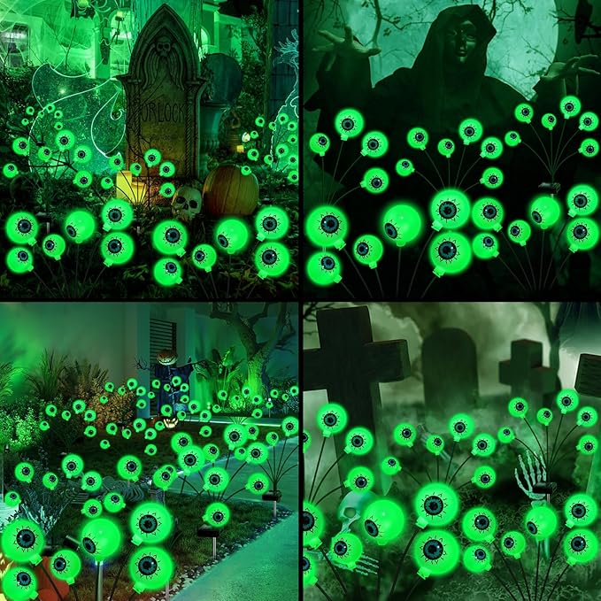 Solar Halloween Decorations, 4 Pack 24 LED Spooky Eyeball Lights, Green Eyeball Swaying Firefly Lights,Waterproof Solar Halloween Path Lights for Yard Garden Lawn Party Decor