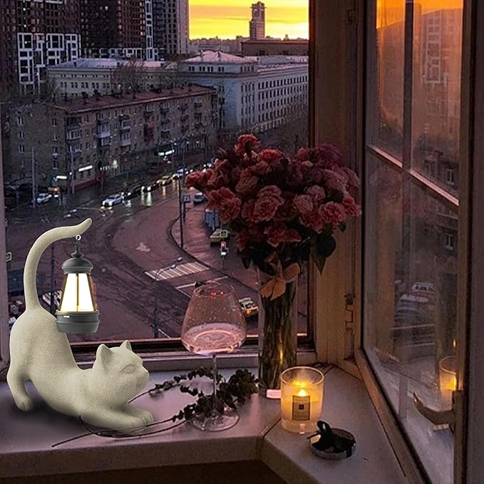 Solar Cat Garden Statue 10 Inch Porch Patio Decor for Outside Yard Decoration Outdoor Unique Housewarming Gardening Birthday Gifts for Cat Lovers Women Grandma