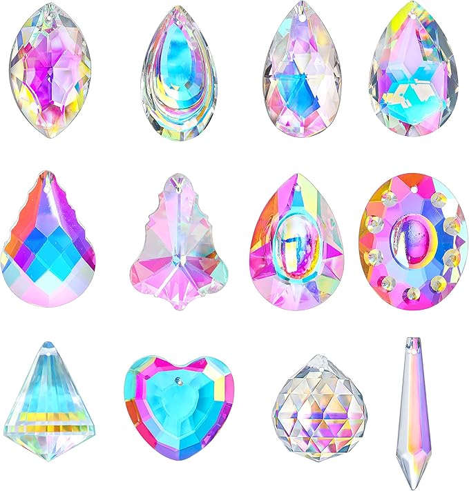 Crystal Prism Suncatchers, Rainbow Hanging Crystals Ornament Pendant for Window, Chandelier Part Replacement for Lamps Decoration,Pack of 12