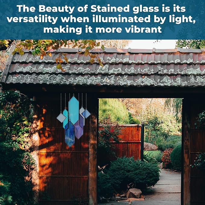 Stained Glass Window Hanging Sun Catcher - Blue Wall Art, Earth Tones Modern Design, Fully Assembled, Ready to Hang, Home or Garden Decor