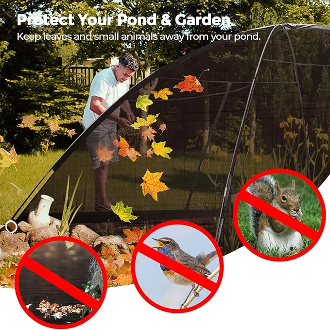 DEERFAMY Pond Net Dome, 10×14 FT Pond Cover with 2 Doors, Pond Mesh Tent with 4 Ropes, 16 Stakes, and Fiberglass Poles, Pond Netting for Koi, Outdoor Ponds, Pool and Gardens, Black