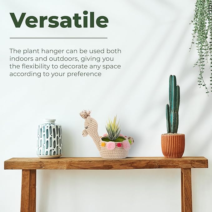 Crochet Llama Planter Holder, Outdoor and Indoor Hanging Planters, Desk and Wall Planter Holders for Home and Office, Plant Hanger Gift Idea for Animal Lovers, Crochet Llama 4-inch Diameter