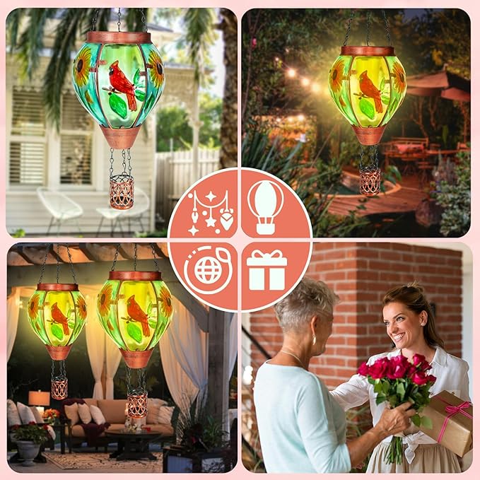 4 Pack Solar Hot Air Balloon Lantern With Flame, Cardinal Glass Solar Hanging Lights Outdoor Yard Patio Farmhouse Decoration, Gifts for Women Grandma Mom