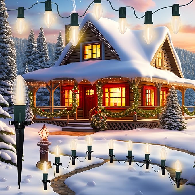 C9 Christmas Pathway Light, Outdoor Christmas Pathway Markers Lights with 27 C9 LED Clear Bulbs, Waterproof Connectable Walkway Lights for Outdoor Yard Holiday Sidewalk Driveway Christmas Decorations