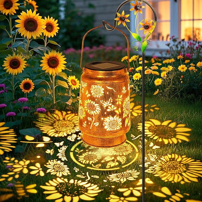 Sunflower Solar Lanterns Garden Decor, Birthday Gifts for Women Mom Grandma Metal Hanging Solar Lights Waterproof Outdoor Decoration LED Lanterns with Shepherd Hook for Outside Garden Yard Patio