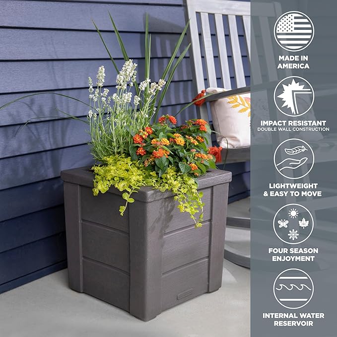 Step2 Lakewood Square Planter Box, Outside All-Season All-Weather Gardening Pot for Patio and Front Porch, Dark Cedar, 2-Pack
