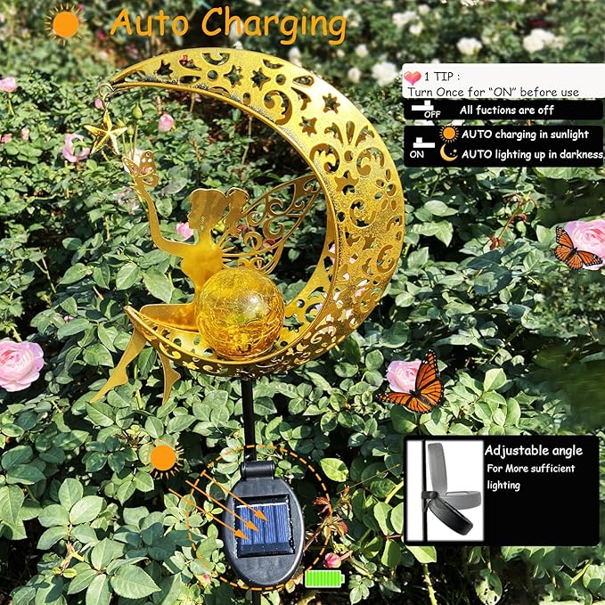 Solar Fairy Garden Decor for Outside,Solar Garden Lights Outdoor Decorative, Garden Statues Decor,Yard Decor,Patio Lawn Ornaments,Metal Yard Art,Unique Angel Gifts for Women,Mom Grandma,1PC