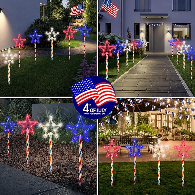 Solar Pathway Lights Outdoor 4th of July Decorations, 2 Sets of 6 Red White and Blue Star Walkway Lights With 180 LED, Waterproof Remote Control Timed Patio for Lawn Garden Decor