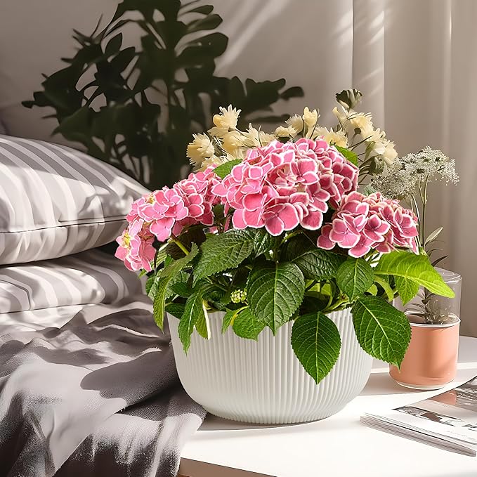 T4U 12 Inch Large Self Watering Plant Pots, Wide Self Watering Planter with Drainage Hole, Large Plant Pots Flower Pot for Plants, Set of 2, White