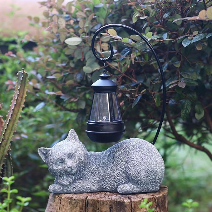 Solar Garden Cat Statues & Figurine with Solar Lantern, 13" Tall Cat Statue Garden Decor for Outside Patio Yard Lawn, Cat Figurine Outdoor Statue Ornament for Porch, Housewarming Gifts for Women