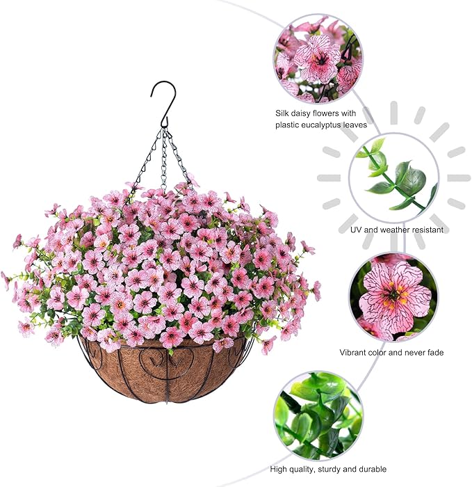 Artificial Fake Hanging Plants Flowers with Basket Outdoor Spring Decor, Faux Silk Pink Daisy in Pot Planter Realistic UV Resistant for Porch Home Indoor Patio Balcony Garden Yard