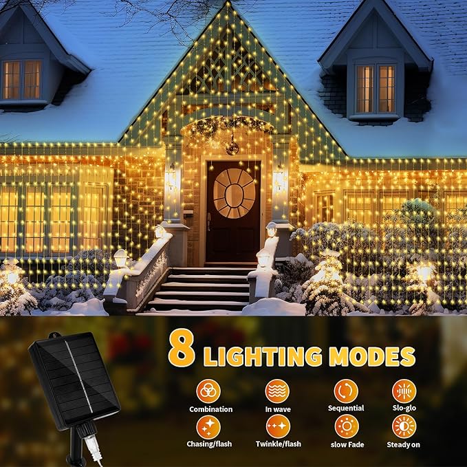 32.8 * 6.56FT Large Size Solar Curtain Lights Outdoor, 8 Modes Outdoor Solar String Icicle Lights, Solar Garden Christmas Lights Decortions for Patio, Gazebo, Eaves, Fence, Tree, Porch (Warm White)
