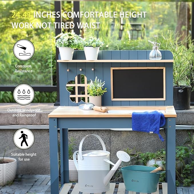 Kids Potting Bench Table Garden Workbench Outdoor Kids Garden Double-Layer Planting Table with Drawing Board Removable Sink,Wood Outdoor Play Kitchen for Toddlers,Backyard and Porch Blue