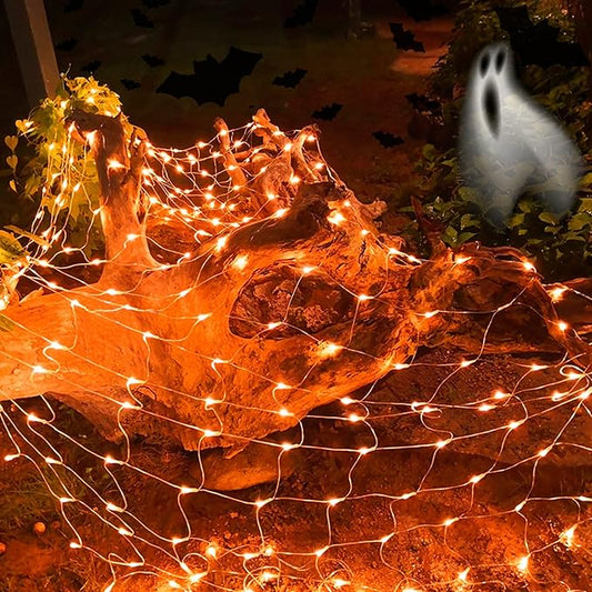 LJLNION Halloween Net Lights, 360 LED 12ft x 5ft Connectable Mesh Fairy String Lights,8 Modes Low Voltage Safe Adaptor for Xmas Trees, Bushes, Wedding, Outdoor Garden Decorations, Orange