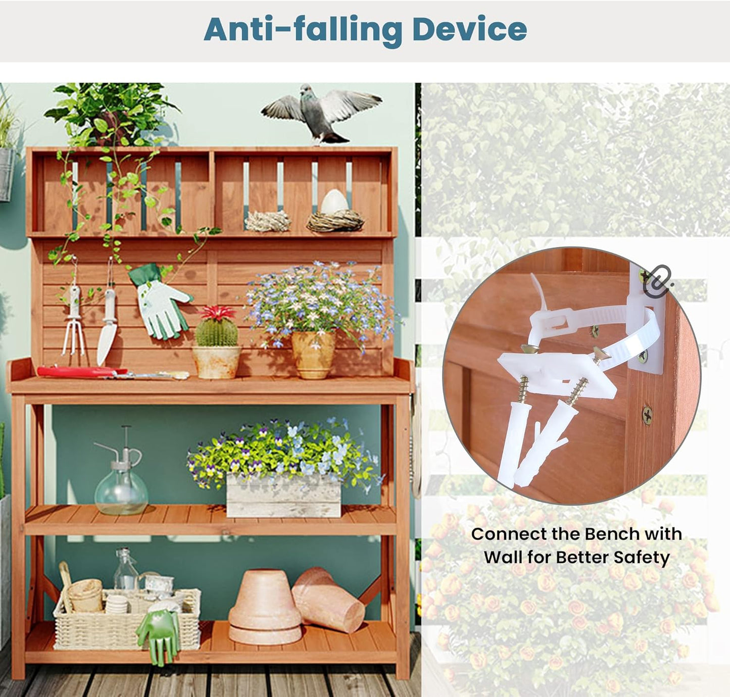 Merax 65" Large Wooden Farmhouse Rustic Outdoor Potting Bench Table with 4 Storage Shelves and Side Hook, Patio Workstation, for Garden, Backyard, Natural