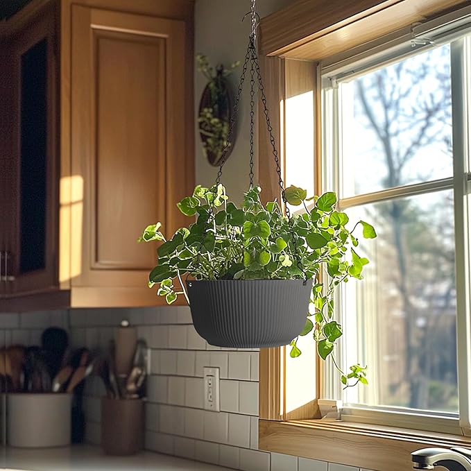 T4U 8 Inch Hanging Planters for Indoor Outdoor Plants, Self Watering Hanging Pot Pack of 2, Hanging Pots with Drainage Hole & Plug & Chain with 3 Hooks for Garden Home Decor, Grey