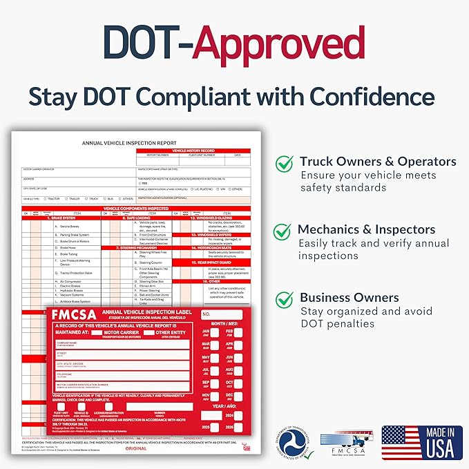 25 Pack Buck Aluminum Annual Vehicle Inspection Label with Punch Boxes, 2 Mil Red FMCSA Self Adhesive Sticker, DOT Compliant, Weatherproof, Tear Resistant, Easy to Write On, 6" x 3.5" - Made in USA
