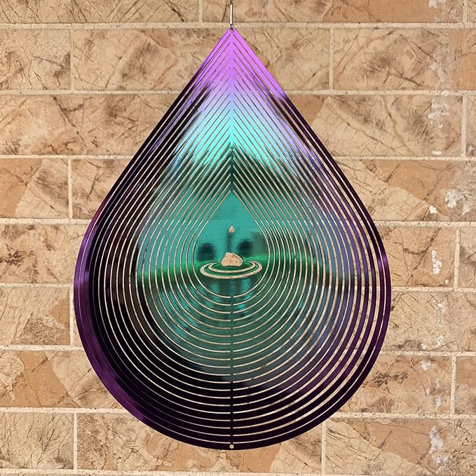 Wind Spinner Garden Indoor Outdoor Decor 3D Stainless Steel Metal Hanging Decorations, 3D Water Droplets Pattern Metal Wind Sculptures & Spinners Whirligig Gifts with 12inch(Green&Purple)