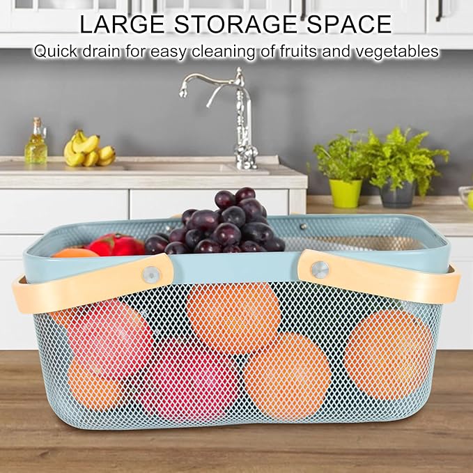 Garden Harvest Basket,Delicate Harvest Basket for Garden Vegetables,Practical Metal Mesh Wire Basket with Handle Suitable for Bathroom,Cabinet,Kitchen(Blue)