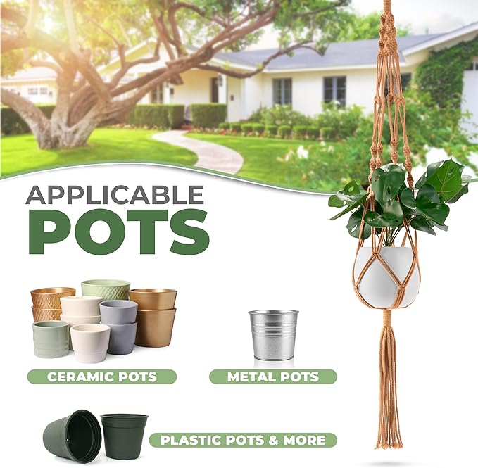Sorbus Macrame Plant Hanger (8 Pack) Indoor Outdoor Hanging Plant Pots Cotton Rope, Elegant for Home, Patio, Garden (Brown)
