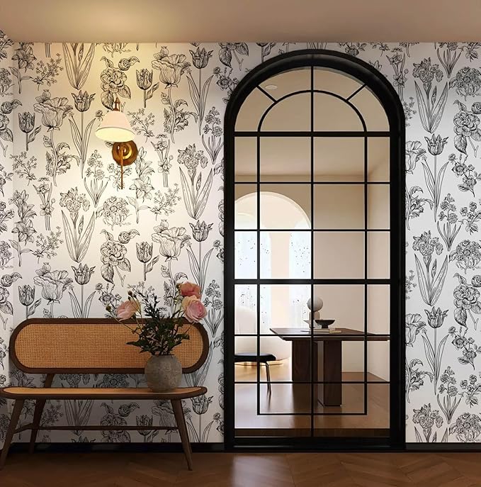Dimoon 236"x17.3" Floral Peel and Stick Wallpaper White Contact Paper Waterproof Black Lines Wallpaper Vintage Flower Thicken Plant Self Adhesive Removable Wall Covering Shelf Liner Decal Vinyl Roll