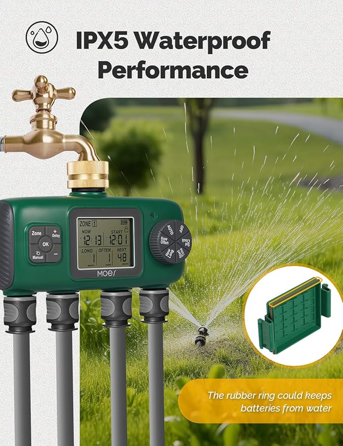MOES 4 Outlet Sprinkler Timer, Brass Inlet, Programmable Automatic Irrigation Controller, Rain Delay, Manual Watering, 4 Zone Water Hose Timer for Gardens, Lawns, and Hose Systems