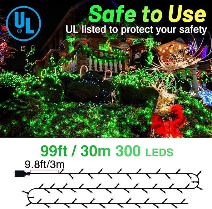 KNONEW Outdoor Christmas Lights 300 LED 99ft String Lights 8 Modes & Memory Fairy Light Plug in Waterproof LED String Lights for Xmas Yard Tree Wedding Party Holiday Decorations(Green)