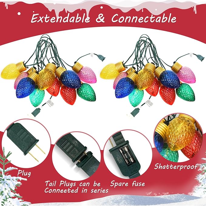 Jumbo Christmas Lights String,16FT C7 Giant Christmas Lights Decorations Connectable Hanging Lights with 10 Multicolor Strawberry Big Bulb for Roof Yard Garden Outside Decor
