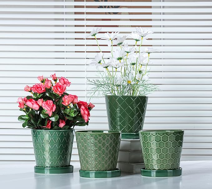 Plant Pots Indoor –5 inch Ceramic Flower Pot with Drainage Hole and Ceramic Tray - Gardening Home Desktop Office Windowsill Decoration Gift, Set of 4-Plants NOT Included (Patina)
