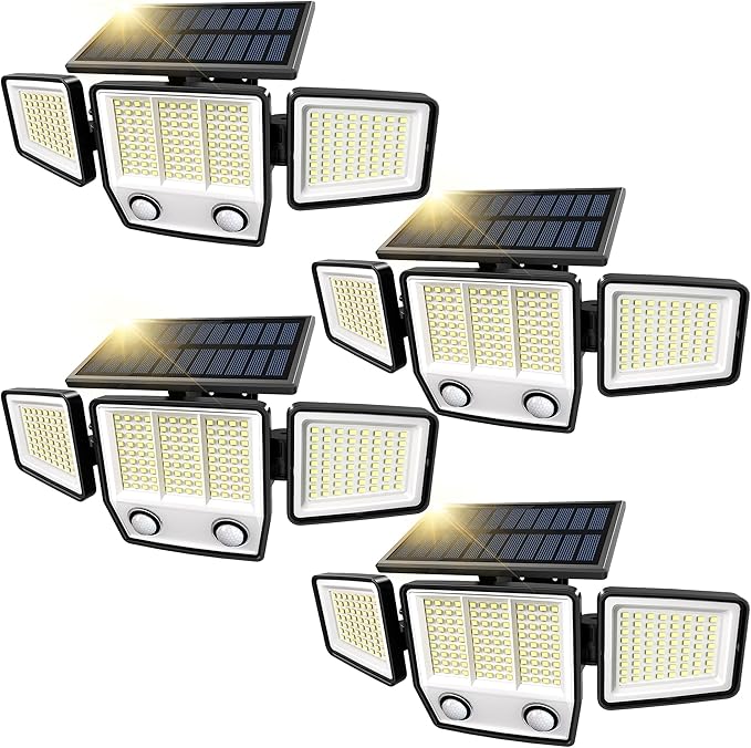 Solar Motion Sensor Outdoor Lights Waterproof - 3000LM 3 Modes Security Lights Outdoor 270° Illumination IP65 LED Solar Flood Wall Light for Garden Yard Patio Pathway (4 Pack)