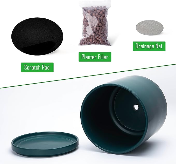 D'vine Dev 8 Inch Ceramic Planter Pot with Drainage Hole and Saucer, Indoor Cylinder Round Planter Pot, Teal, 94-O-D-9