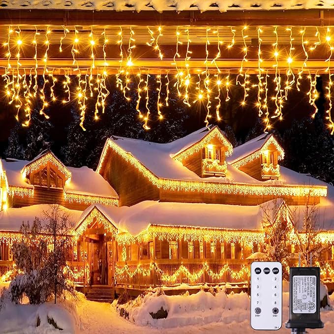 JMEXSUSS 38.8FT Icicle Lights for Outside, 400 LED Icicle Christmas Light Outdoor Indoor Plug in, Warm White Curtain String Lights for Wedding House Patio Party Fireplace Holiday Decorations