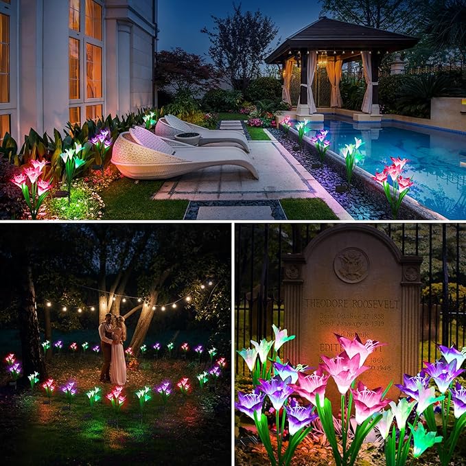 KOOPER Solar Lights, 4 Pack Lily Flower Lights, Waterproof 7 Color Changing - Bigger Solar Panel for Outdoor Patio Yard Garden Decoration