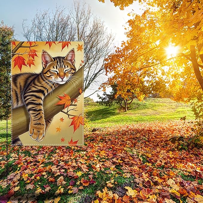 Fall Garden Flag Autumn Cat Garden Flag 12x18 inch Double Sided Fall Thanksgiving Maple Leaves Holiday Flags Decorations for Yard Outdoor Porch (Flay 1805)