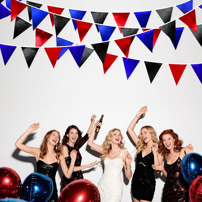 Navy Blue Red Black Party Decorations Metallic Fabric Triangle Pennant Banner Flag Bunting Garland for Graduations Birthday Retirement 4th of July USA Patriotic Veterans Party Decorations Supplies