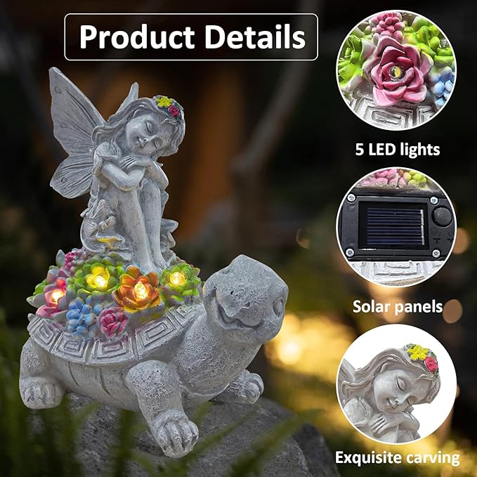 Solar Garden Statue Angel and Turtle,Figurines Outdoor Decor,Outdoor Solar Statue with LED Lights for Yard,Patio,Lawn Art Decoration,Housewarming Gift