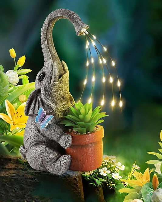 iStatue Solar Elephant Figurine with Succulent Plant Pot - 11'' Hand-Painted Lifelike Resin Lawn Ornaments Statue for Yard Art Garden Decor Gifts (Elephant)