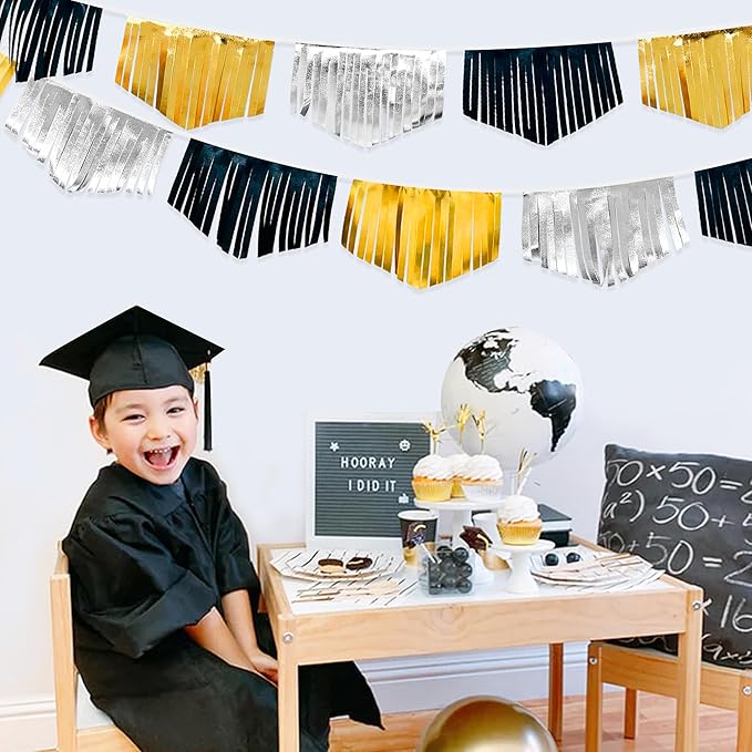 Black Silver Gold Tassel Banner Double Sided Metallic Fabric Pennant Bunting Flag Garland for Graduation Birthday Anniversary Bachelorette Engagement Wedding Bridal Shower Party Decorations Supplies