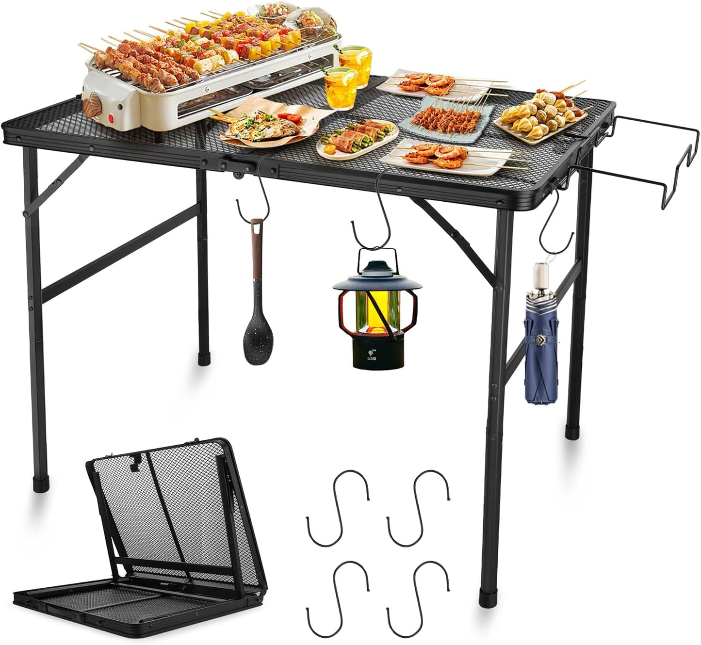 Outdoor Picnic Camping Table, Folding Grill Metal Table 3 Ft - Portable, Lightweight, Compact & Height Adjustable Collapsible Patio BBQ Table with Trash Bag Holder