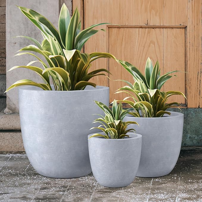 Kante 18",14",10" Dia Concrete Round Planters (Set of 3), Outdoor Indoor Large Planter Pots with Drainage Hole and Rubber Plug for Home Patio Garden, Slate Gray