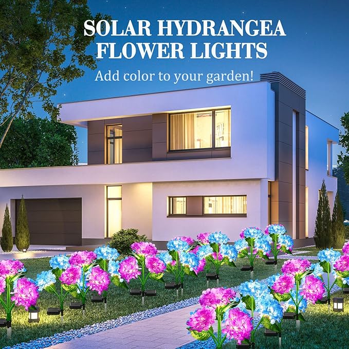Treela 4 Pack Solar Lights Flowers Outdoor Waterproof Hydrangea Garden Stake Lights Realistic LED Flowers Powered Decorative Ground Solar Flower for Lawn Yard Backyard Decoration Gift(Blue, Purple)