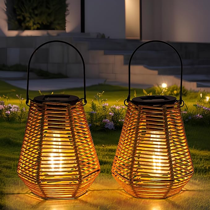 Solar Lanterns Outdoor Waterproof,Solar Lights for Outside Hanging Lights Outdoor Rattan Lantern Decoration for Garden, 2 Pack