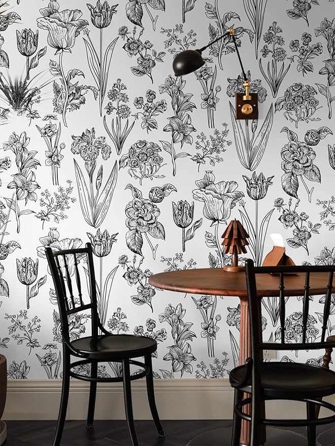 Dimoon 393"x17.3" Floral Peel and Stick Wallpaper White Contact Paper Waterproof Black Lines Wallpaper Vintage Flower Thicken Plant Self Adhesive Removable Wall Covering Shelf Liner Decal Vinyl Roll